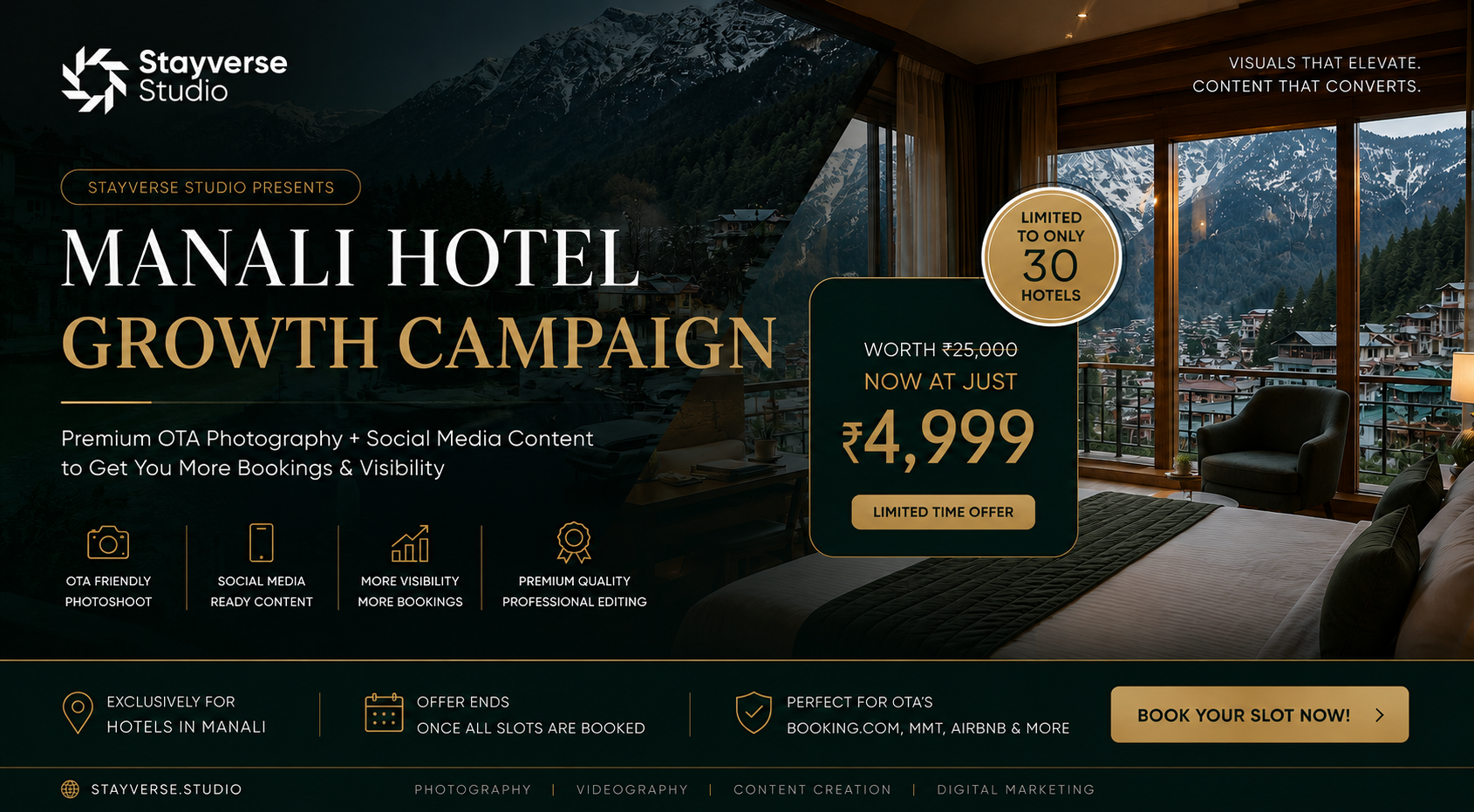 Manali Hotel Growth Campaign — premium OTA photography by Stayverse Studio